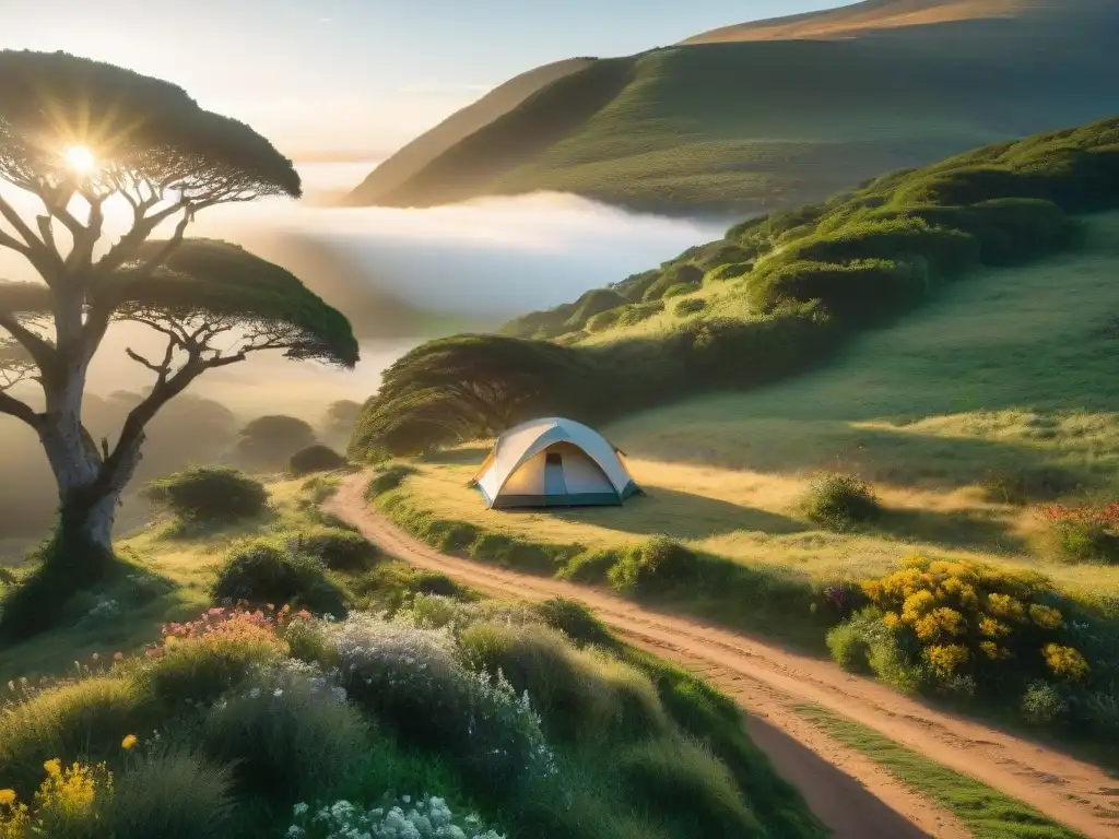 Campamento tranquilo en Uruguay, rodeado de naturaleza exuberante y senderos, ideal para explorar novelas