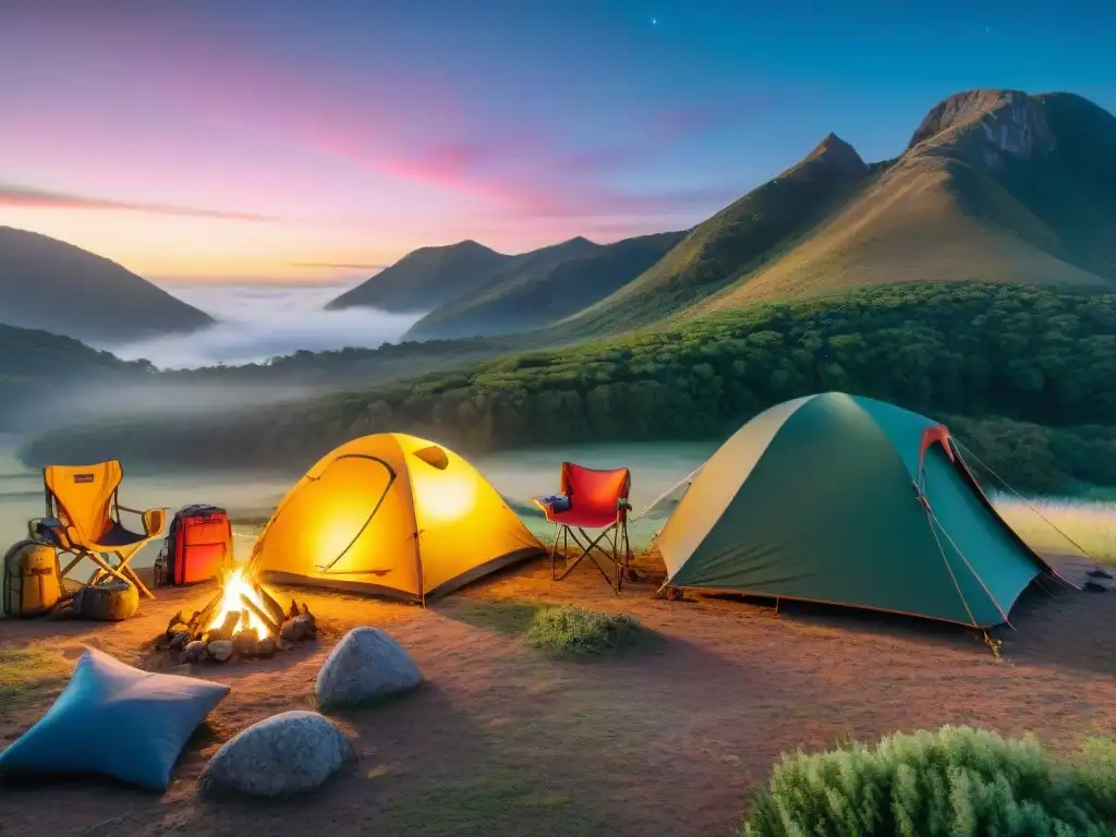 Campamento tranquilo en Uruguay con seguro de viaje camping, bajo un atardecer colorido y estrellado