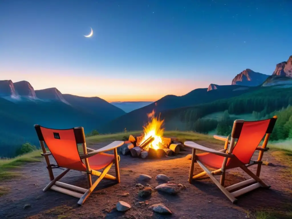 Un campamento tranquilo al anochecer con sillas y mesas portátiles camping junto a una fogata crepitante