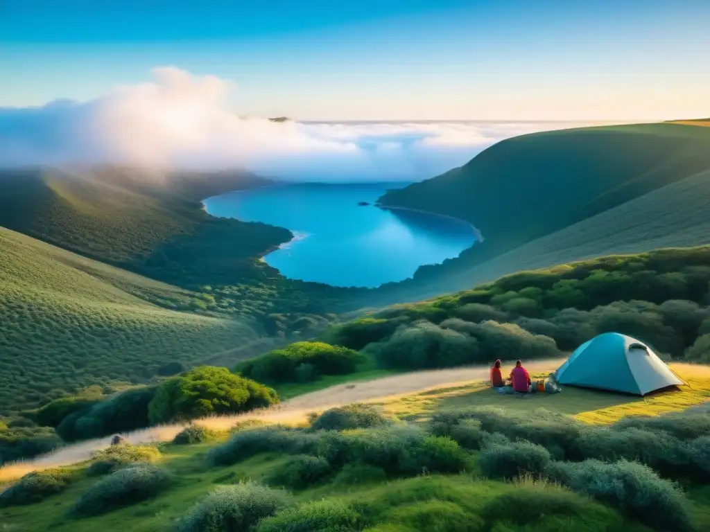 Un campamento tranquilo en Uruguay: una tienda resistente bajo un cielo azul, rodeada de naturaleza exuberante y amigos felices