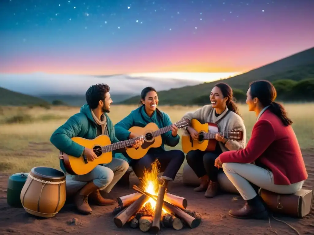 Campamento uruguayo: grupo disfruta música tradicional alrededor de fogata bajo estrellado cielo