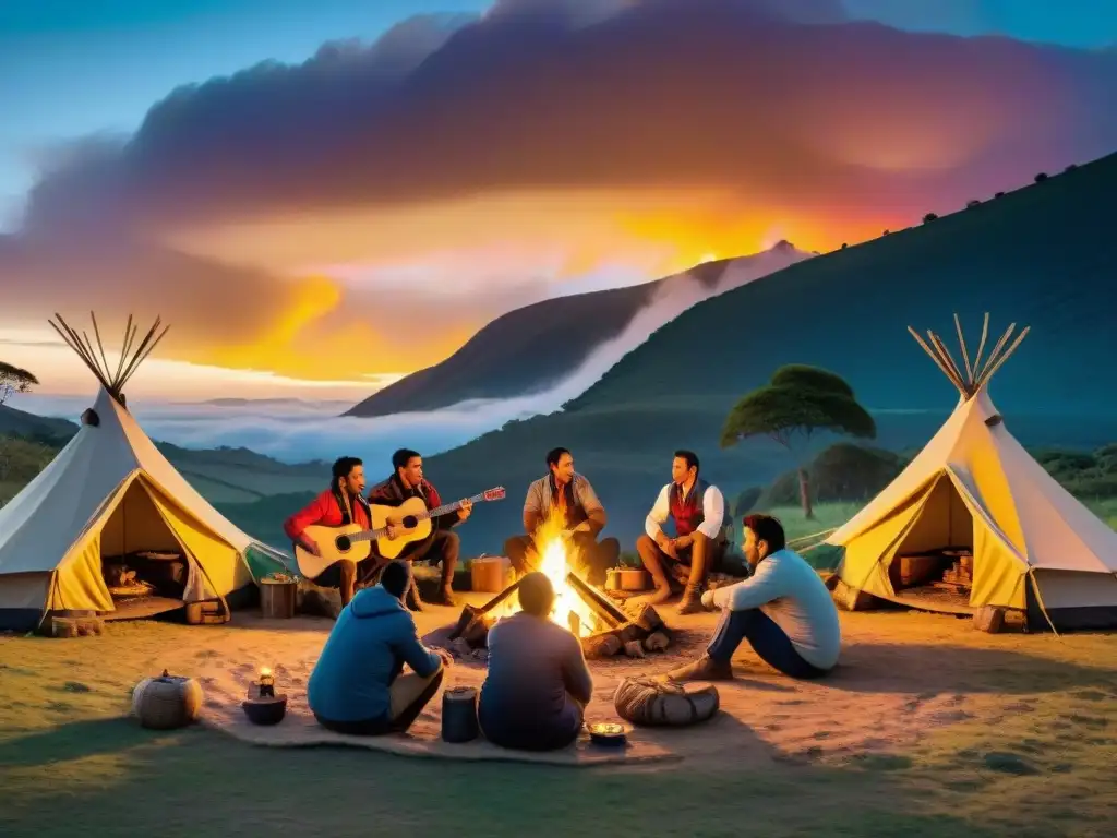 Campamento uruguayo tradicional con fogata al atardecer, chivitos al fuego y música folclórica