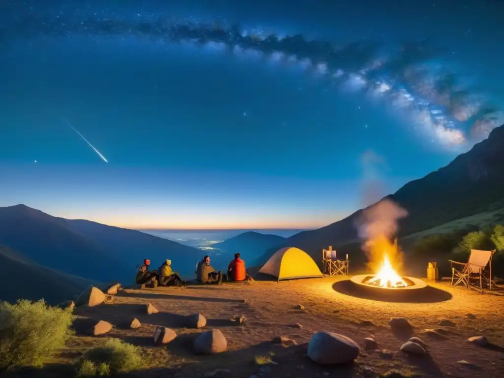 Un campamento en Valle del Lunarejo al atardecer: fogata, sillas, tiendas de campaña, estrellas y actividades nocturnas