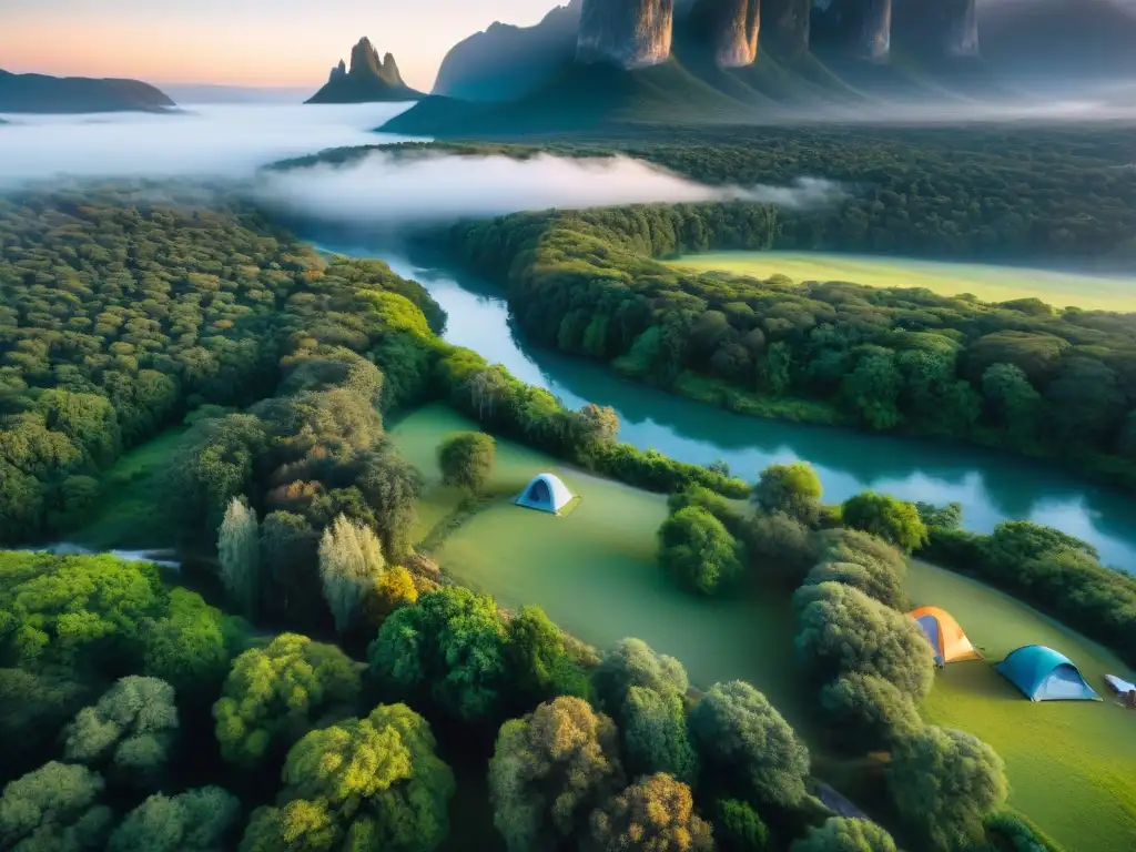 Un campamento verde exuberante entre árboles altos, tiendas de colores y un río brillante, en Uruguay