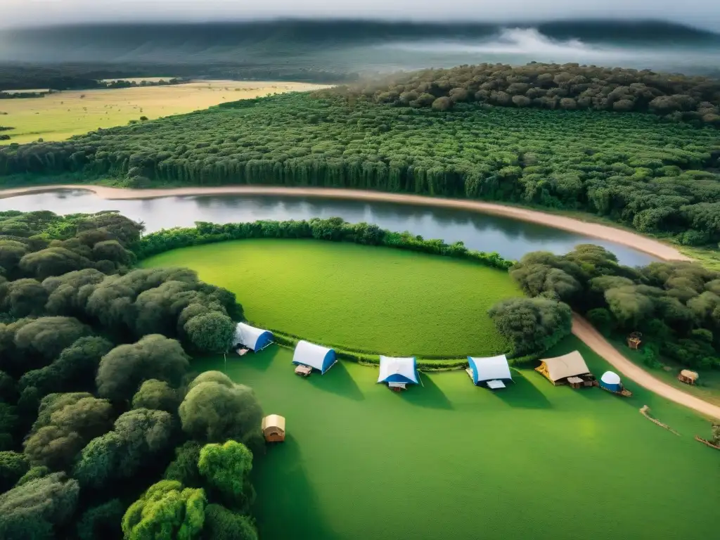 Campamento verde en Uruguay, río serpenteante y tiendas bajo árboles altos