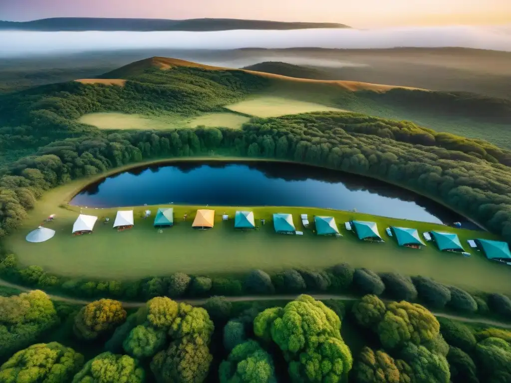 Campamento verde en Uruguay con tiendas, fogatas y cielo estrellado