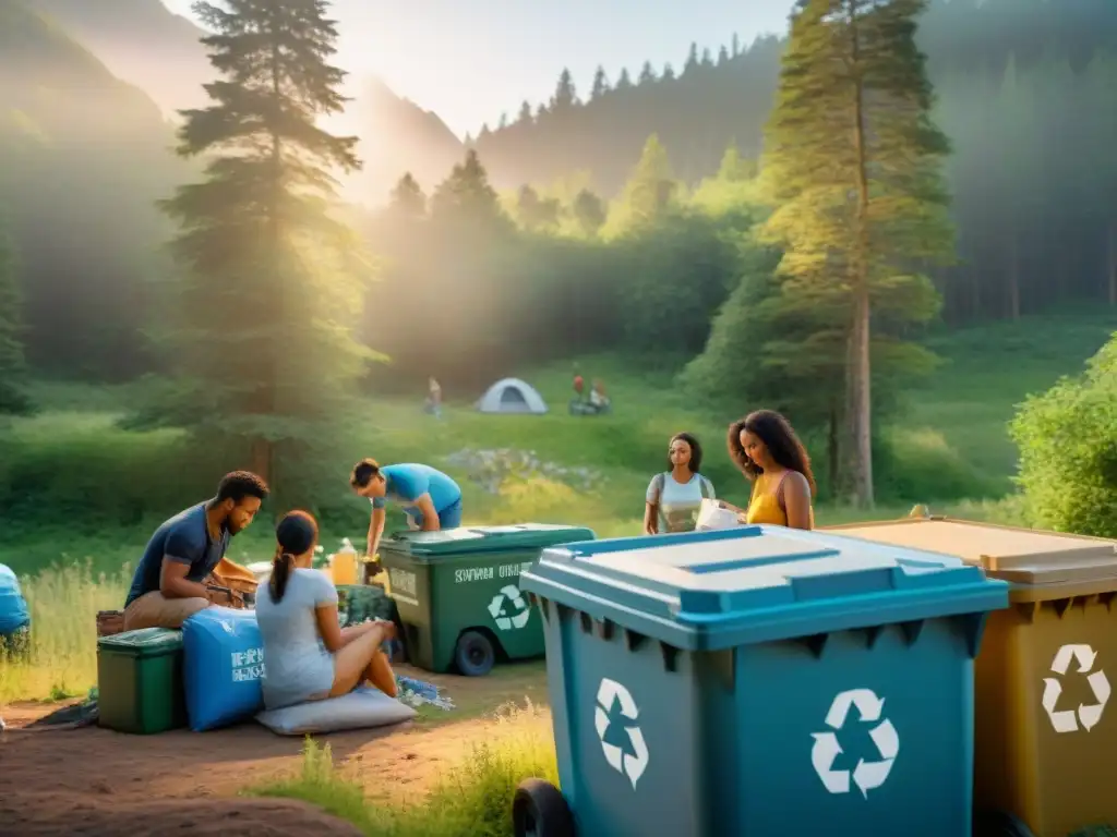 Un campamento vibrante y activo donde campistas reciclan y compostan en armonía con la naturaleza