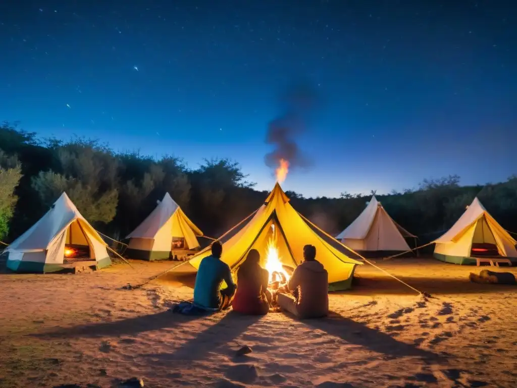 Un campamento vibrante en Uruguay: amigos riendo alrededor de la fogata bajo un cielo estrellado