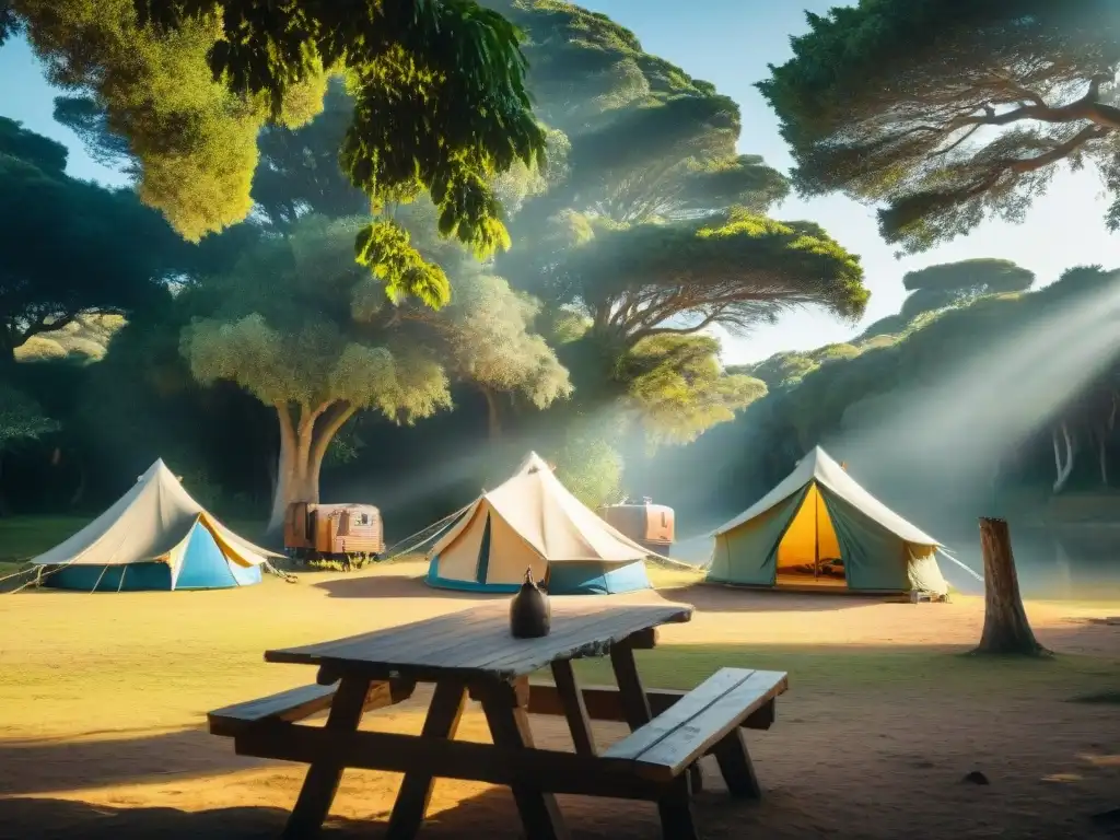 Campamentos históricos en Uruguay: Escena serena de un sitio de acampada con tiendas antiguas bajo altos árboles, estufa y sillas de camping