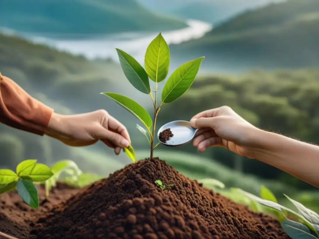 Campers plantando árboles en un bosque verde de Uruguay, mostrando su compromiso con el camping sostenible en Uruguay