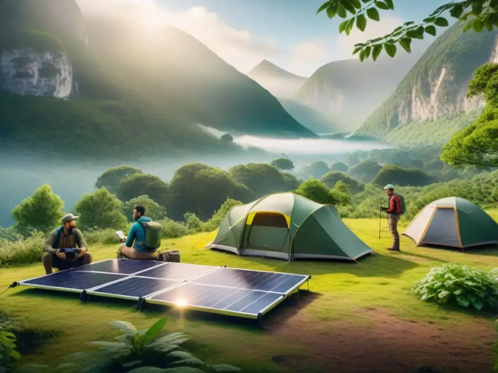 Campers instalando paneles solares portátiles en bosque verde, experiencia sostenible