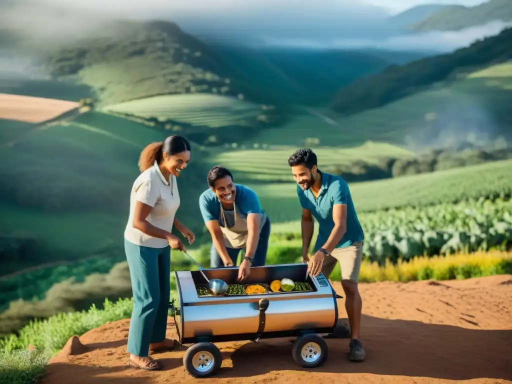 Campers sonrientes en Uruguay montando cocinas solares para camping, rodeados de exuberante vegetación