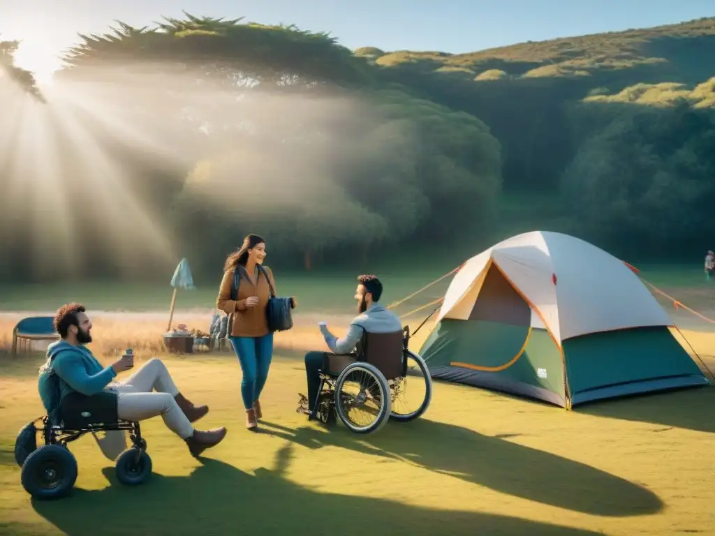 Camping accesible en Uruguay: Campamento inclusivo con diversidad de campistas montando una tienda al atardecer en un entorno verde