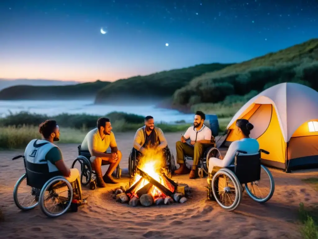 Camping accesible en Uruguay: Campistas con discapacidades disfrutan alrededor de fogata bajo cielo estrellado