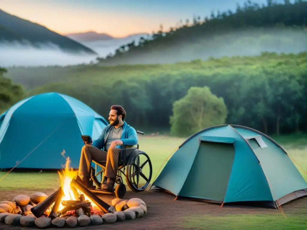 Camping accesible para discapacitados en Uruguay: Amigos preparando campamento inclusivo en la naturaleza