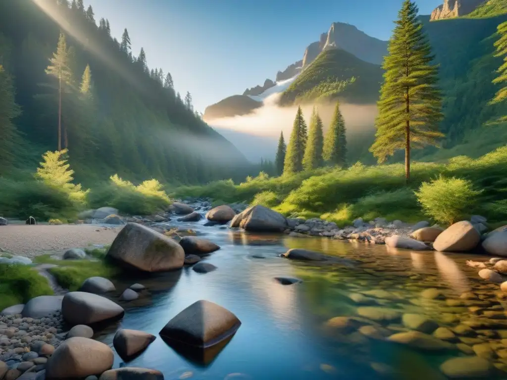 Camping en armonía: depuración de agua en un idílico arroyo de montaña rodeado de naturaleza exuberante