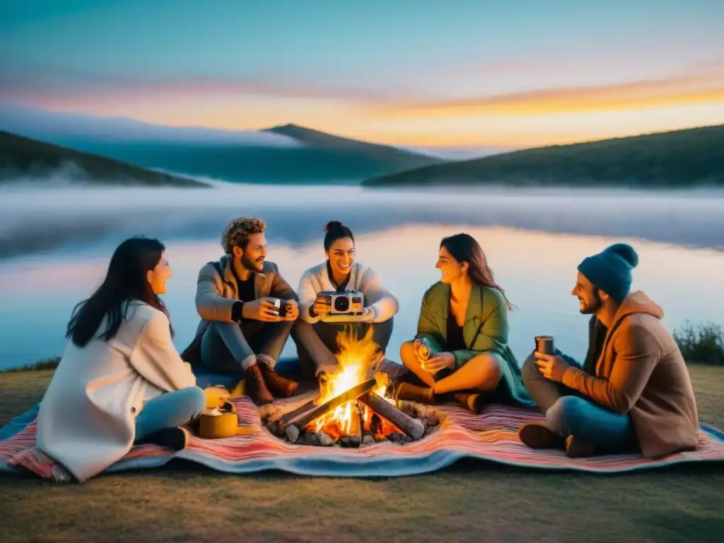 Camping con amigos al atardecer en Uruguay, junto al lago, tostando malvaviscos y capturando momentos con cámaras instantáneas para camping en Uruguay