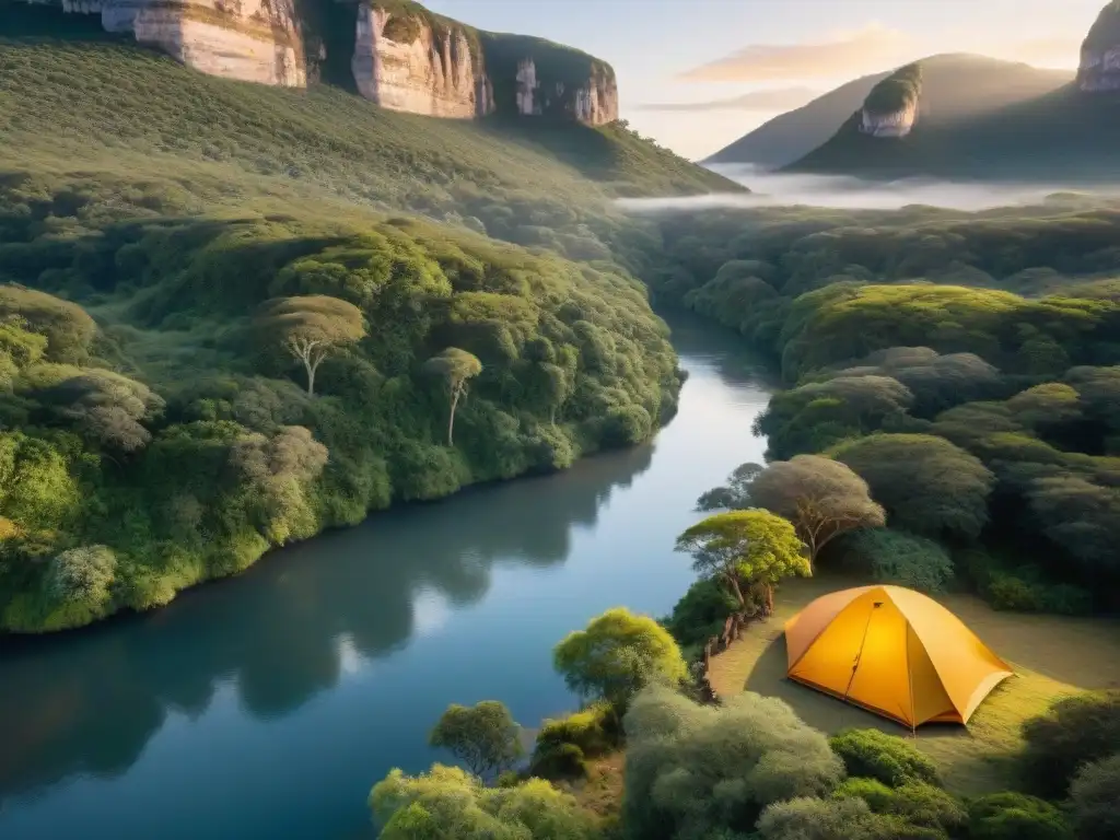 Camping en áreas de conservación en Uruguay: Amanecer dorado en campamento sereno entre la exuberante vegetación de Quebrada de los Cuervos