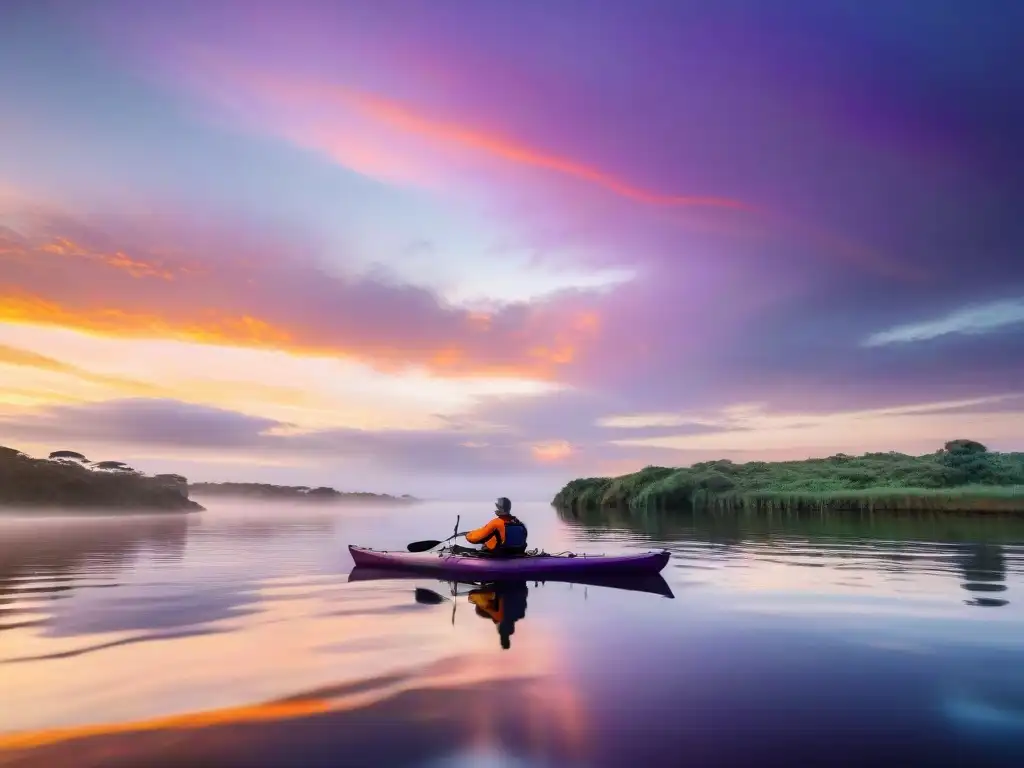 Kayak en camping Uruguay: Atardecer dorado en el río, kayakista surca agua calmada al caer la noche