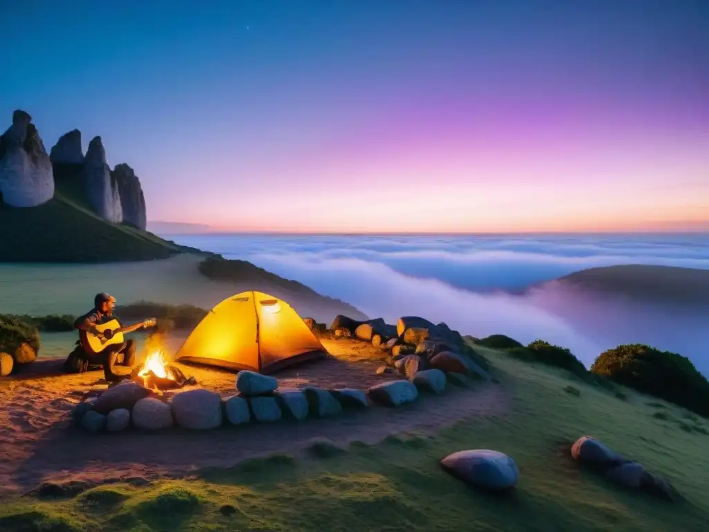 Camping en Uruguay al atardecer: fogata, rocas, vegetación y persona tocando guitarra