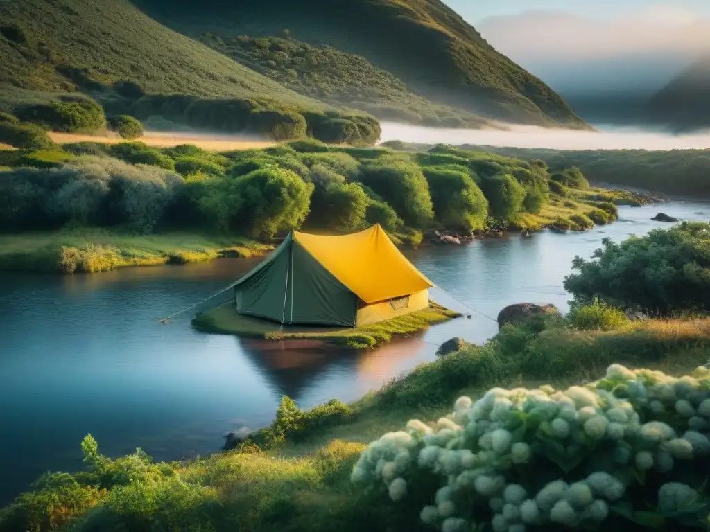 Camping en Uruguay al atardecer, tienda iluminada rodeada de naturaleza