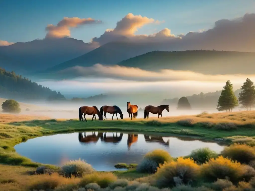 Camping con caballos salvajes en Uruguay: Amanecer sereno en la naturaleza salvaje, con caballos pastando al amanecer