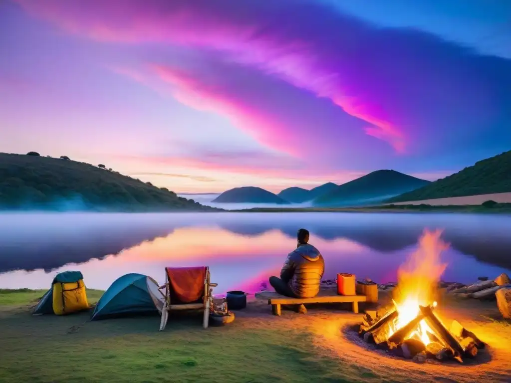 Fotografía camping belleza Uruguay: Campamento al atardecer en Uruguay, con fogata, río y cielo en tonos anaranjados, rosados y morados