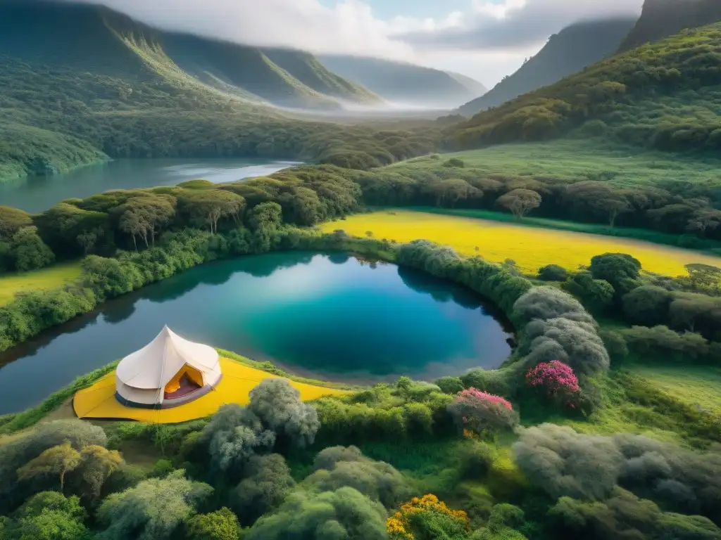 Camping en Uruguay Valle Vida: Un campamento sereno en un valle verde, con un río cristalino y la luz del sol filtrándose entre los árboles