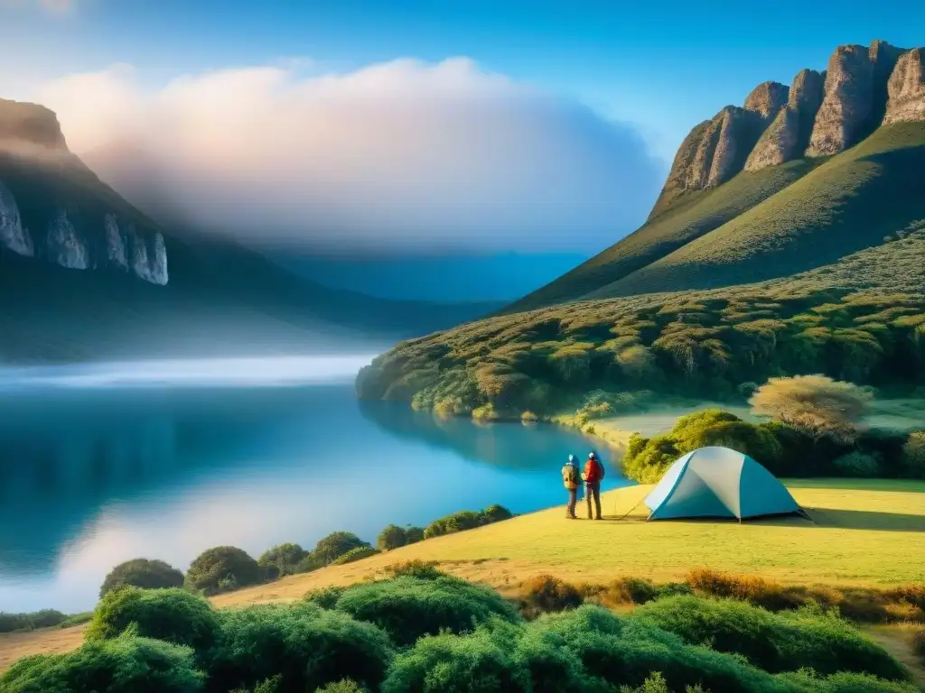 Camping en Uruguay: grupo de campistas vistiendo ropa de camping apropiada para cada estación, montando tiendas junto a un lago tranquilo