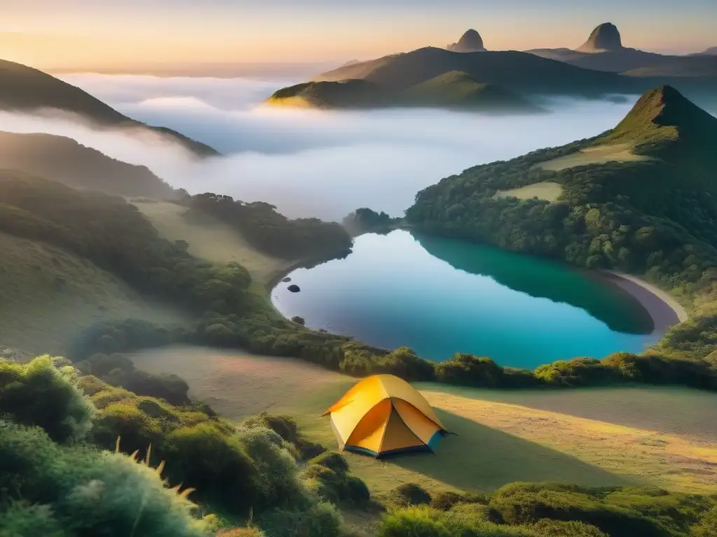 Camping en Uruguay: atardecer colorido sobre lago tranquilo, fogata, siluetas de campistas disfrutando