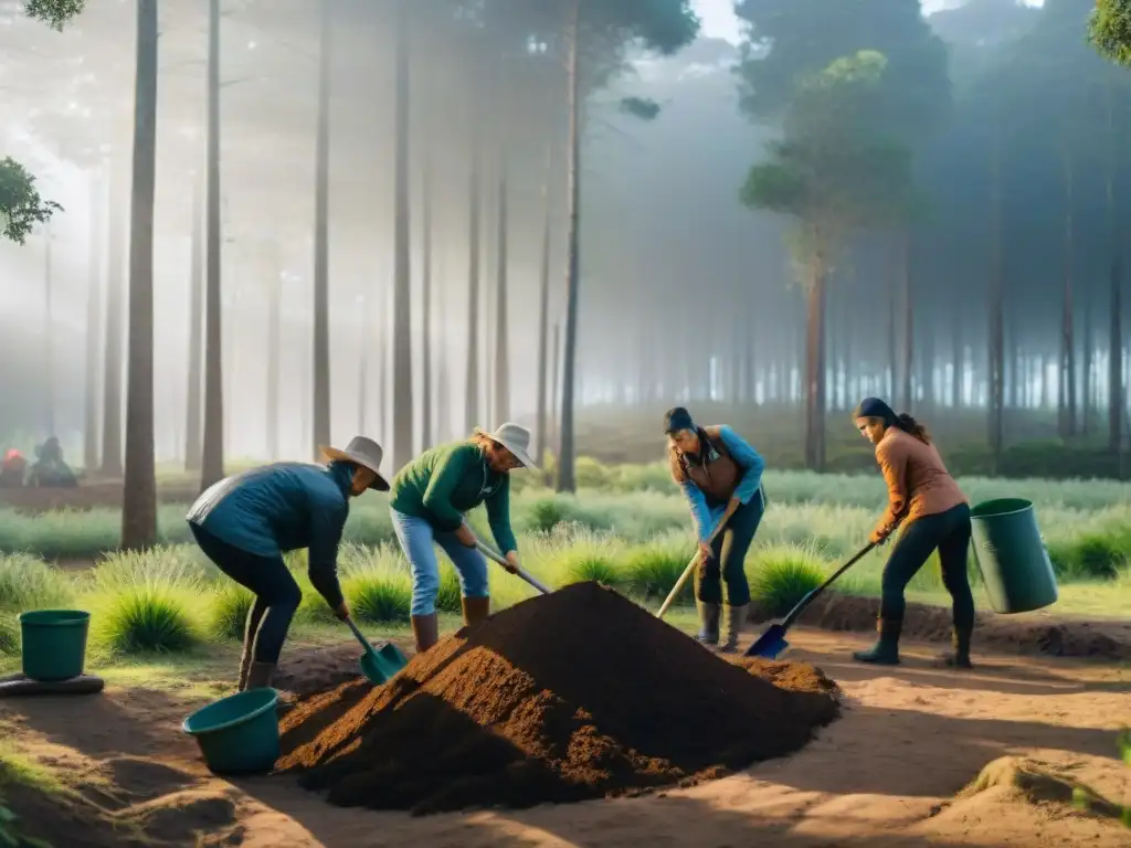 Camping consciente reforestando Uruguay: Voluntarios plantan un bosque nativo en un camping uruguayo, mostrando dedicación y sostenibilidad