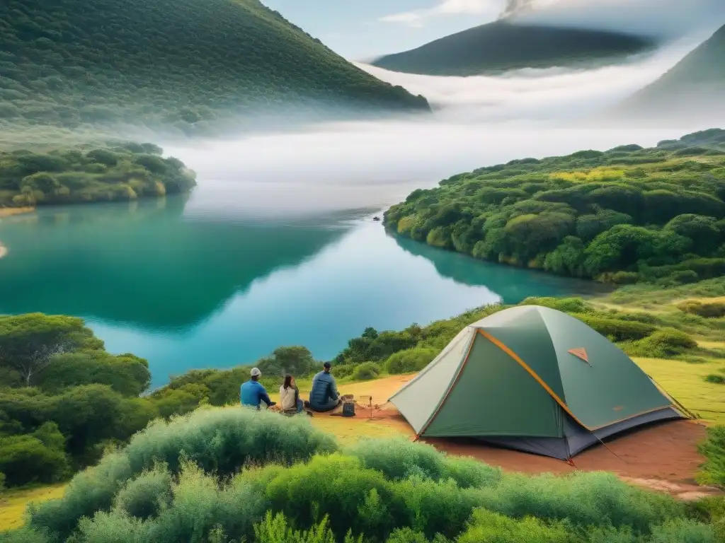 Camping digital en Uruguay: Grupo de campistas con gadgets innovadores en un hermoso campamento junto a un río