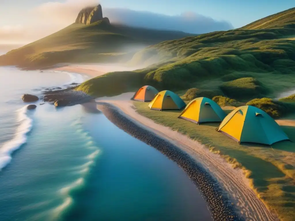 Camping digital en Uruguay: Amanecer en la costa uruguaya con tiendas de colores y campistas digitales