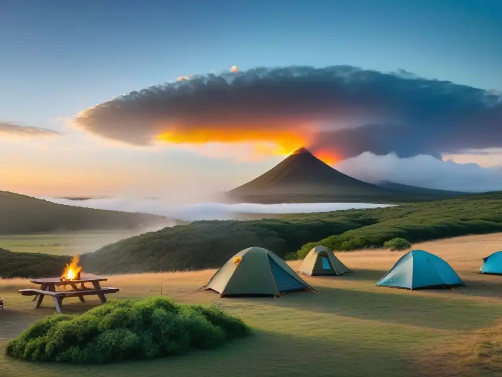 Fotografía de camping en Uruguay: diversidad de actividades alrededor de la fogata al anochecer