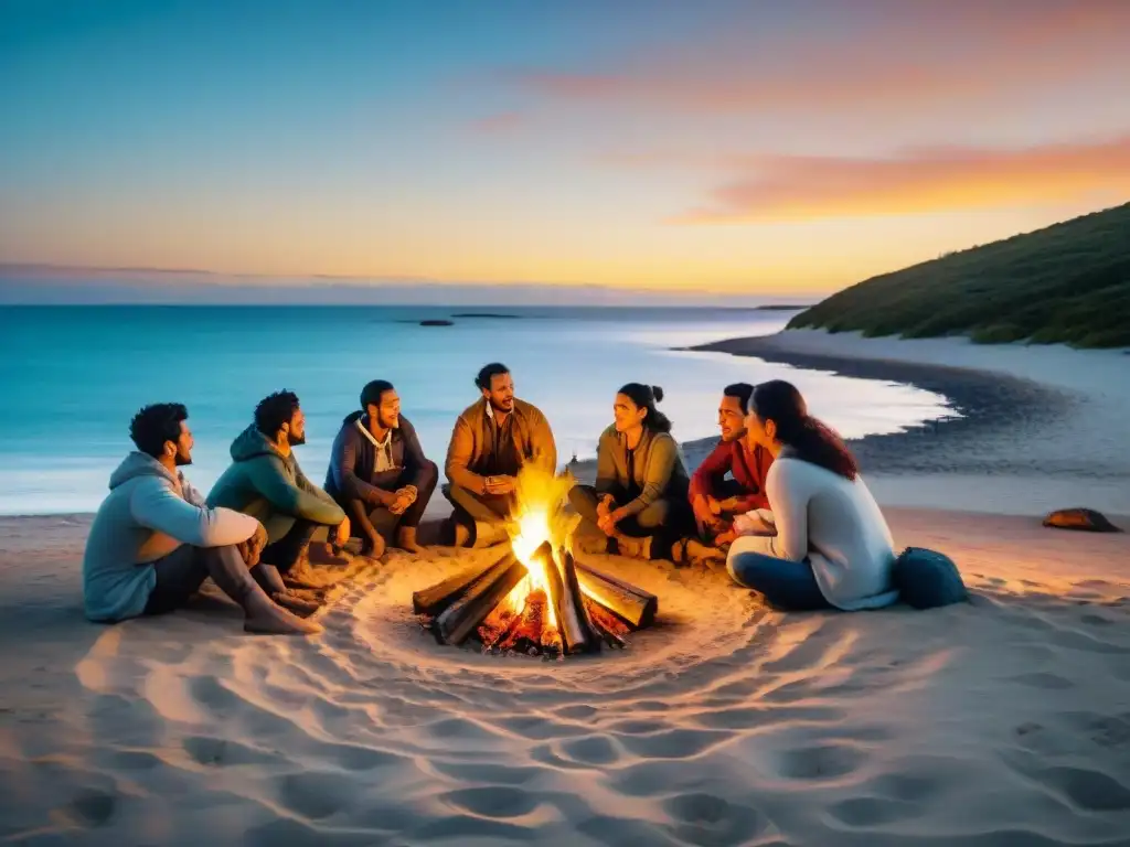 Camping en Uruguay: Grupo diverso de campistas alrededor de fogata en la playa al atardecer, compartiendo historias y camaradería