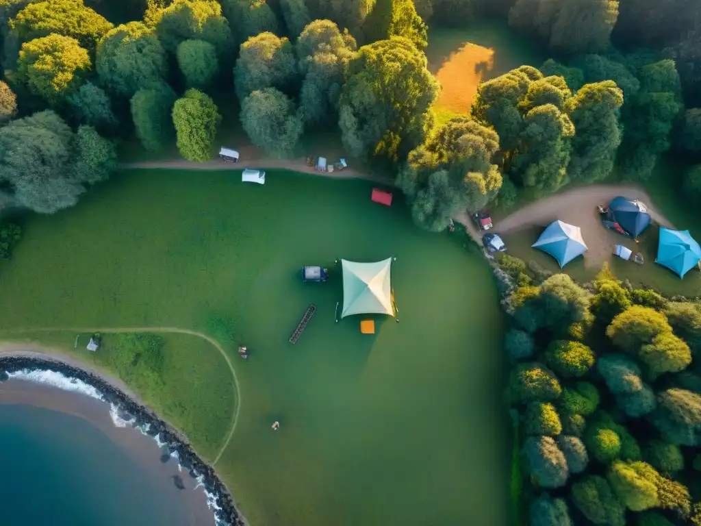 Explora el camping en Uruguay con drones para descubrir la belleza natural y la tranquilidad del paisaje al atardecer