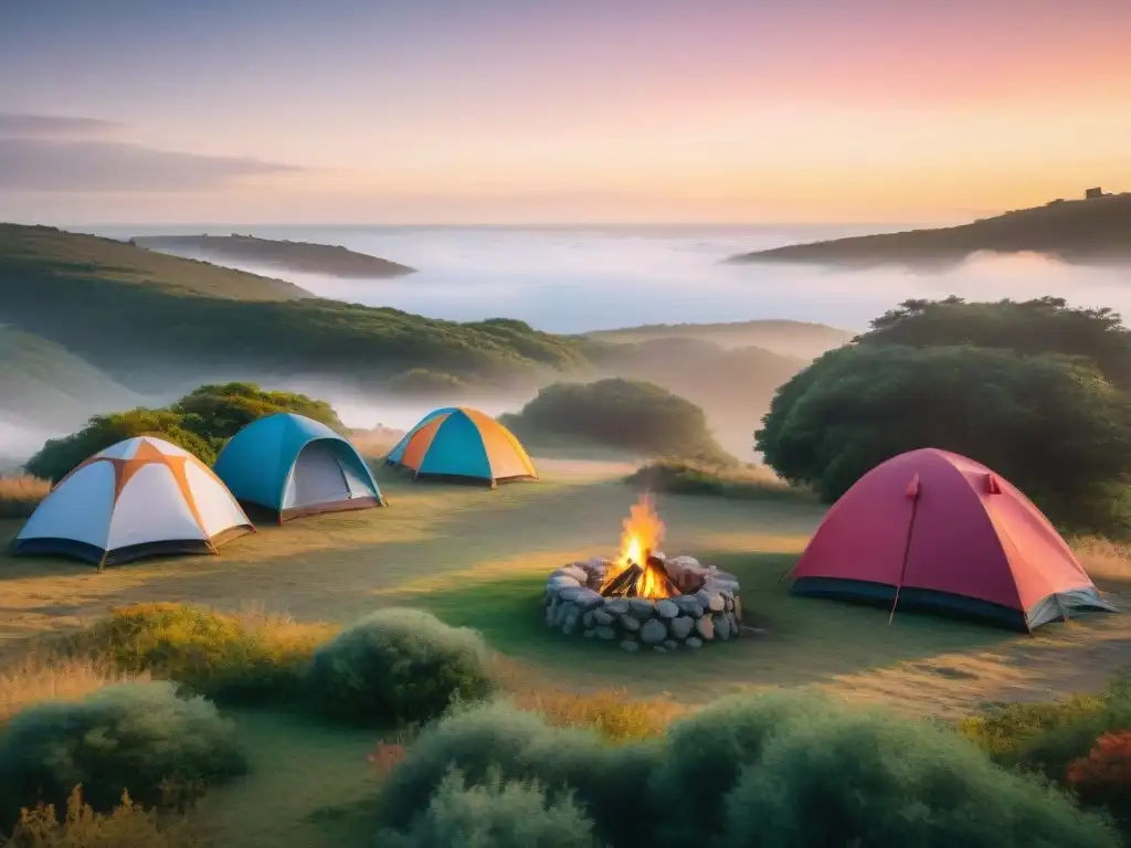 Camping económico en Uruguay: Campamento al atardecer con tiendas de colores, fogata y viajeros cocinando juntos