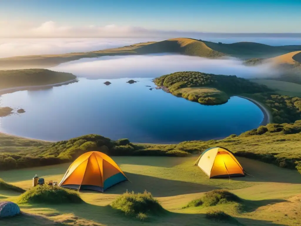 Camping en Uruguay: Equipamiento Esencial - Grupo de campistas disfrutan de la naturaleza alrededor de una fogata al atardecer