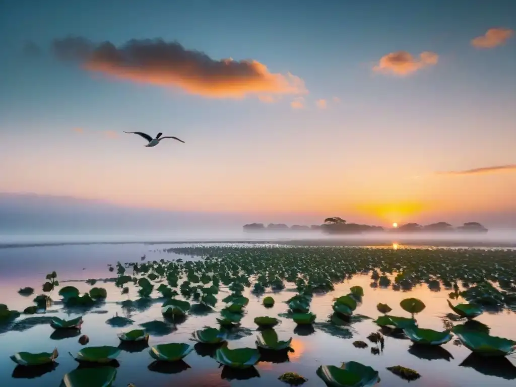 Fotografía de camping en Uruguay: Amanecer espectacular sobre humedales con diversidad de aves en vuelo