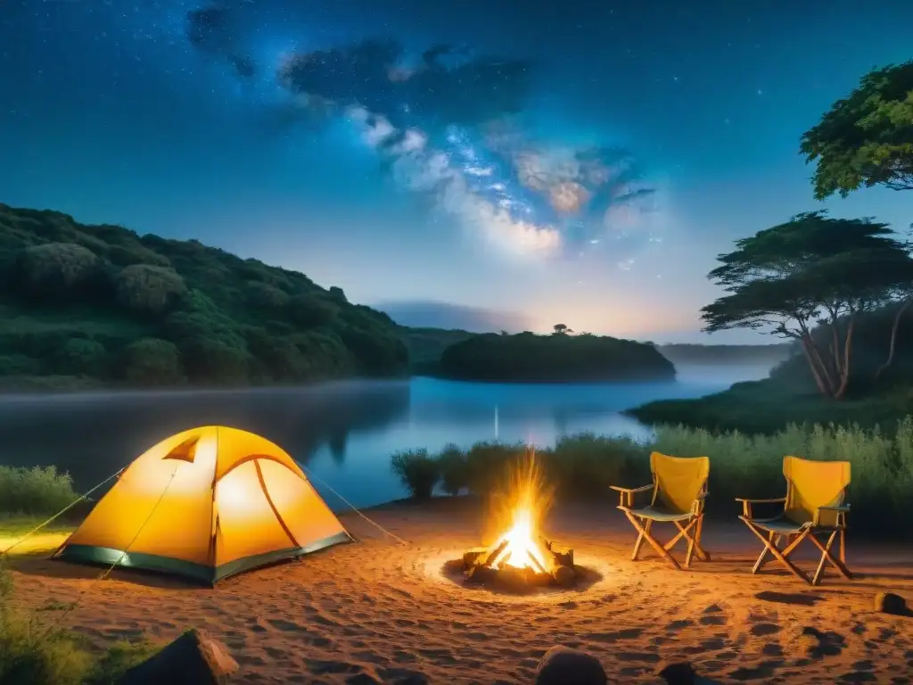 Camping en Uruguay: noche estrellada, fogata y campistas felices junto al río