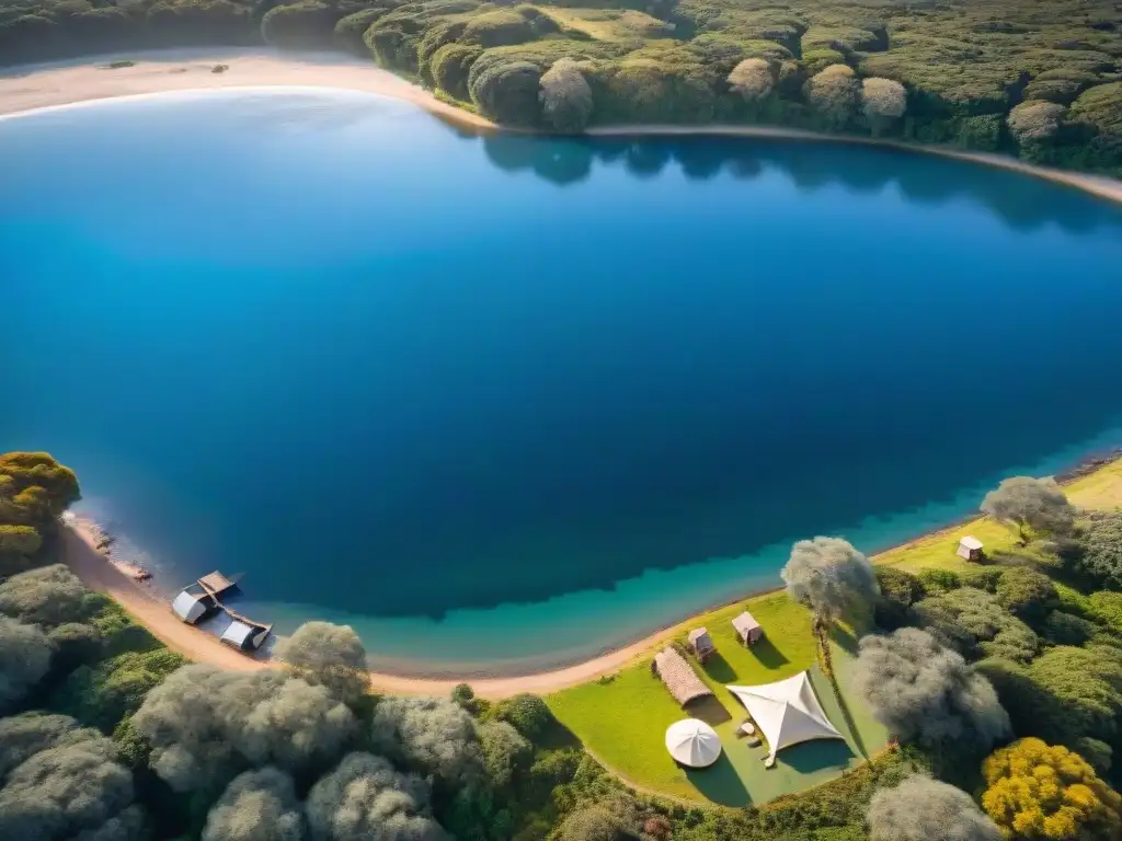 Camping exclusivo en Uruguay: fogata, sillas, tienda de lujo y río, bajo cielo azul y exuberante vegetación