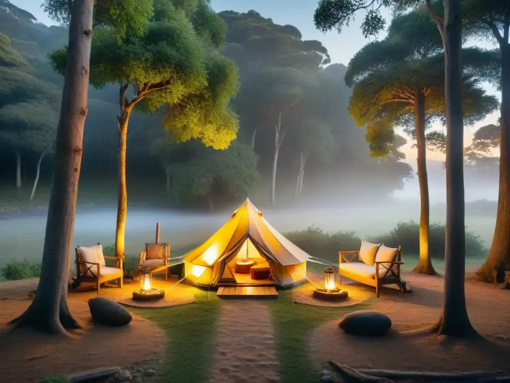 Camping exclusivo en Uruguay: oasis secreto con tienda safari lujosa en bosque, arroyo y atardecer cálido