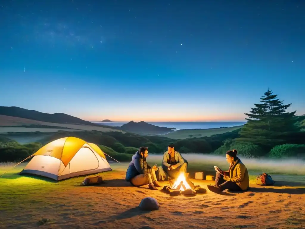 Camping familiar en Uruguay al atardecer, familias diversas disfrutando juntas bajo una cálida luz dorada en un entorno seguro y acogedor