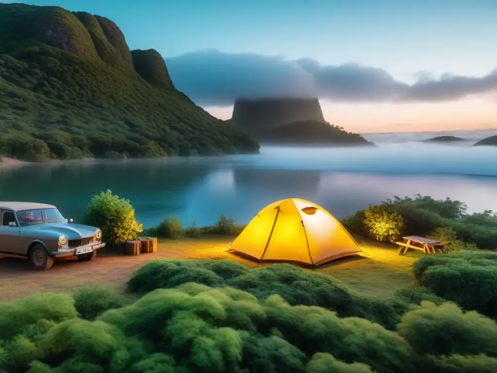 Camping familiar en Uruguay: tienda iluminada al anochecer junto al lago, rodeada de vegetación serena