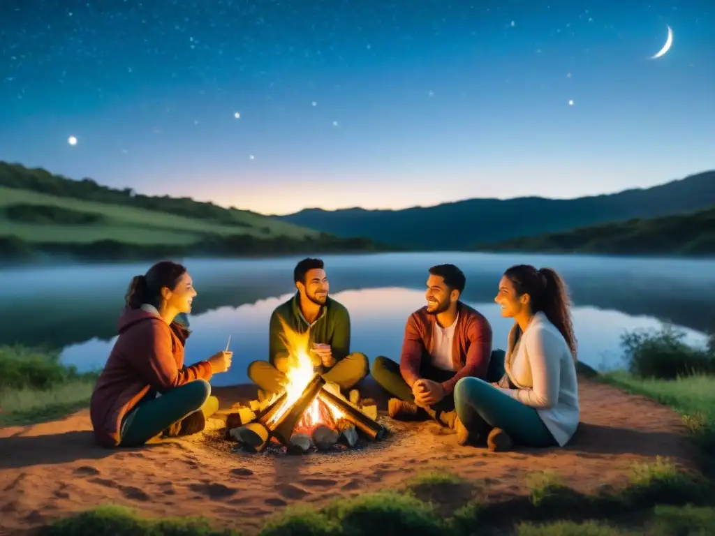 Camping grupal en Uruguay: amigos disfrutan de la fogata bajo las estrellas, compartiendo historias y marshmallows