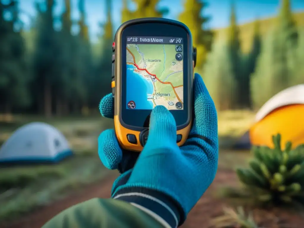 GPS para camping en Uruguay: Mano con guante sostiene dispositivo GPS mostrando mapas de campamentos y senderos en la naturaleza de Uruguay