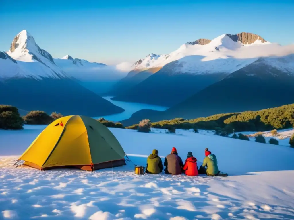 Camping invernal en Uruguay: Grupo de aventureros montando una tienda colorida en la nieve, bajo un cielo azul sereno