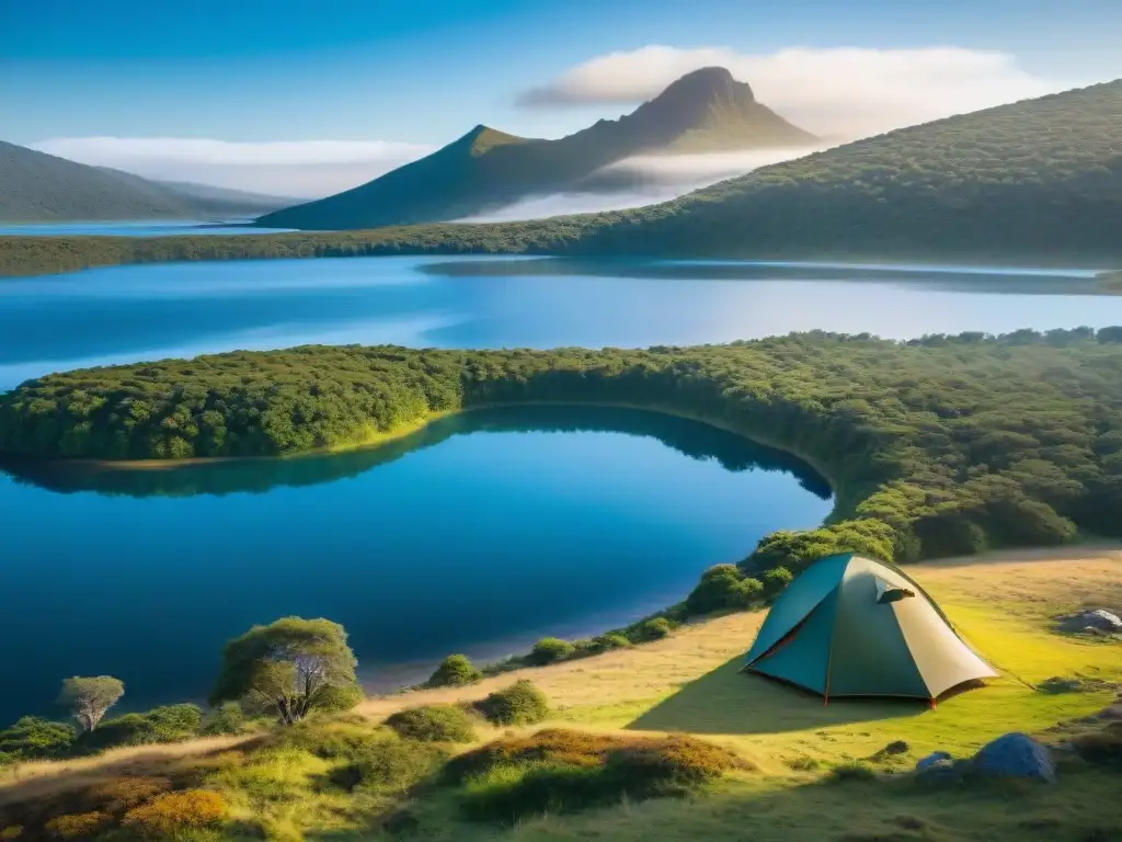 Camping en Uruguay junto a aguas tranquilas, rodeado de naturaleza exuberante al atardecer