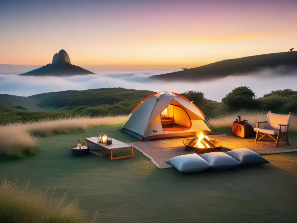 Un camping de lujo en Uruguay con todas las comodidades, incluyendo una cama king size, ropa de cama lujosa y una vista panorámica al paisaje uruguayo