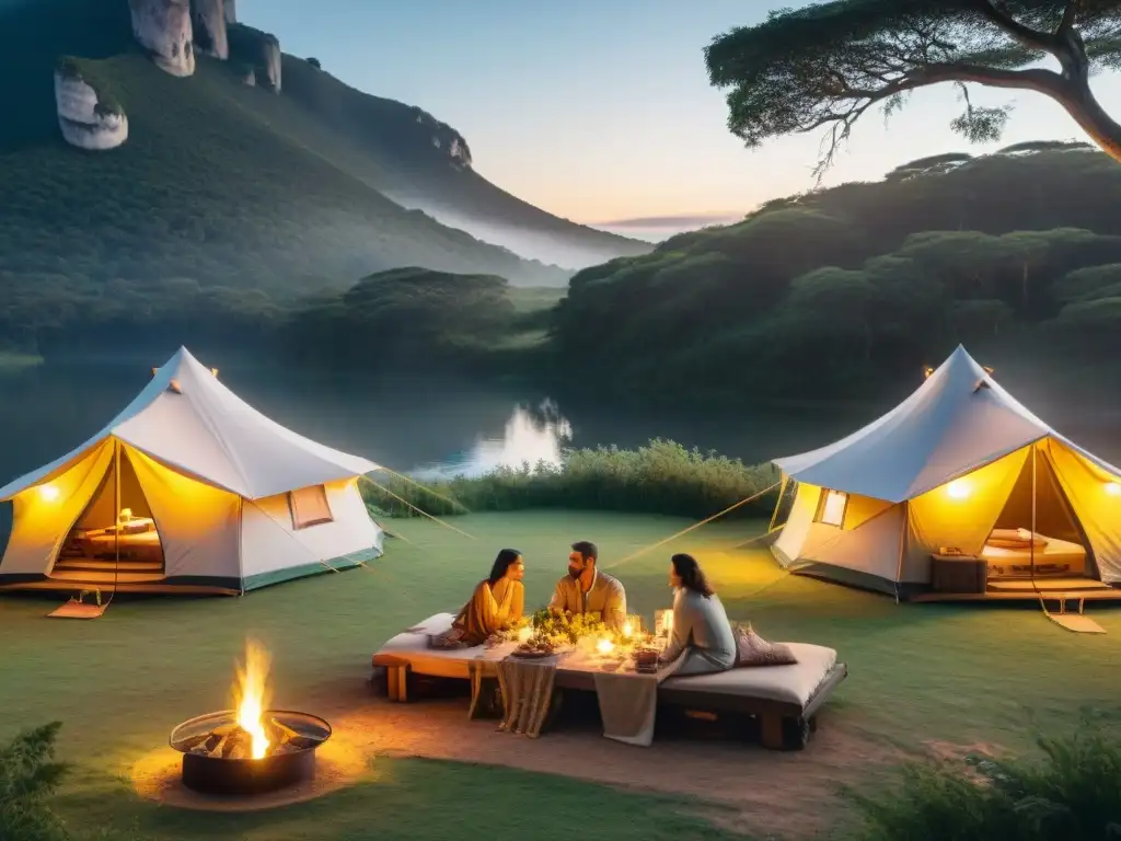 Camping de lujo en Uruguay: tiendas elegantes entre naturaleza exuberante y lago sereno al atardecer, cena gourmet bajo luces de hadas